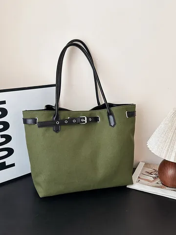 Bolso Tote de Lona para Mujer de Gran Capacidad Retro Minimalista Bolso de Hombro Con Correa de Cuero Sintético Decorativa