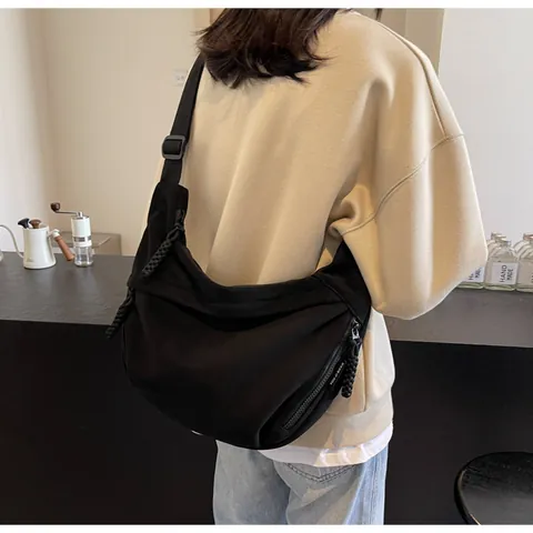 Bolso Bandolera Casual para Mujer Media Luna Gran Capacidad Minimalista Color Sólido Lona Bolso de Hombro Con Correa Ancha Ajustable