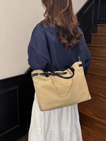 Bolso Tote de Lona para Mujer de Gran Capacidad Retro Minimalista Bolso de Hombro Con Correa de Cuero Sintético Decorativa