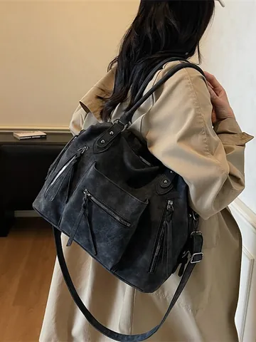 Grand Sac Cabas Vintage Pour Femmes En Suède Synthétique Avec Multi Poches Et Glands Sac Bandoulière Décontracté Pour Le Travail