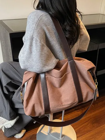 Bolso Tote de Lona de Gran Capacidad para Mujer Casual Conmutar Viaje Bolso de Hombro con Cremallera Color Sólido Versátil Bolso Escolar para Estudiantes