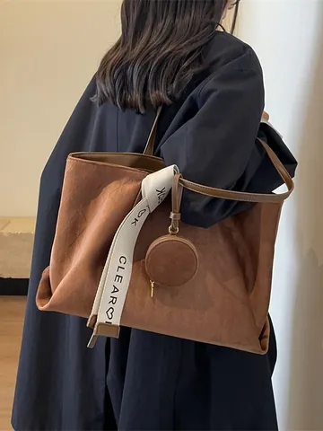 Vintage Quilted Faux Suede Tote Bag For Women Large Capacity Diamond Lattice Shoulder Bag With Mini Round Purse Ribbon Decor