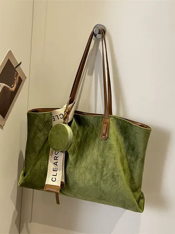 Vintage Quilted Faux Suede Tote Bag For Women Large Capacity Diamond Lattice Shoulder Bag With Mini Round Purse Ribbon Decor