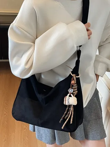 Dames Imitatiesuède Tote Bag Grote Capaciteit Hobo Schoudertas Met Koffiekopje Charm Casual Eenvoudige Crossbody Tas