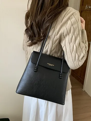 Damen Retro Litschi Textur PU Leder Umhängetasche Große Kapazität Mit Klappe Perlen Dekor Minimalistische Pendler Tote Bag