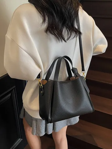Bolso de Cubo de Cuero PU con Grano de Guijarro para Mujer Gran Capacidad Bolso de Mano para Viaje con Correa Ajustable