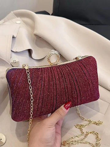 Pochette de Soirée Plissée à Paillettes pour Femmes Fermoir Anneau Strass Sac à Main de Fête Formelle avec Chaîne Métal