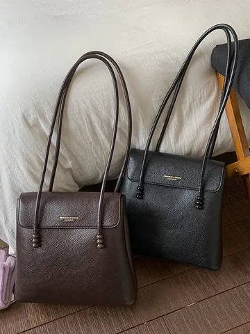 Damen Retro Litschi Textur PU Leder Umhängetasche Große Kapazität Mit Klappe Perlen Dekor Minimalistische Pendler Tote Bag