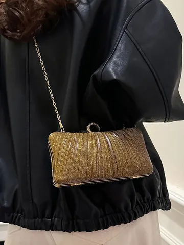Pochette de Soirée Plissée à Paillettes pour Femmes Fermoir Anneau Strass Sac à Main de Fête Formelle avec Chaîne Métal
