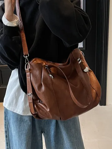 Large Capacity Retro Soft PU Leather Tote Bag For Women American College Style Commuter Shoulder Bag With Detachable Strap