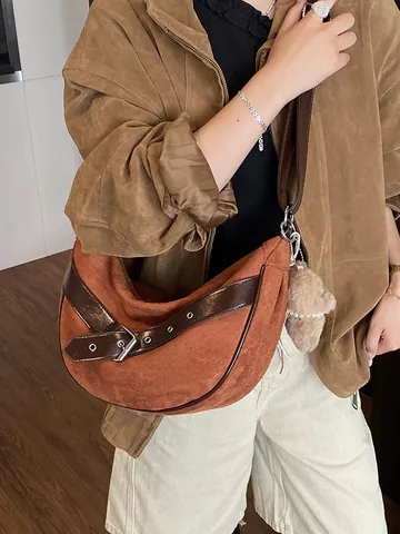 Amerikaanse Retro Suède Look PU Lederen Hobo Tas Voor Vrouwen Grote Capaciteit Schouder Crossbody Tas Met Verstelbare Riem