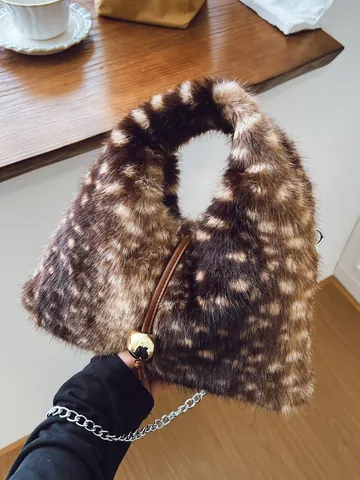 Faux Fur Plush Women Dumpling Bag Fawn Pattern Chain Shoulder Bag With Metal Ball Decoration Autumn Winter Handbag