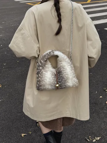 Faux Fur Plush Women Dumpling Bag Fawn Pattern Chain Shoulder Bag With Metal Ball Decoration Autumn Winter Handbag