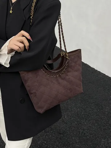 Women Quilted Tote Bag Large Capacity Chain Strap Polyester Suede-Look Commuter Shoulder Bag Elegant Crossbody Purse