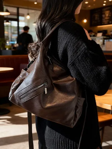 Bolso Tote de Cuero PU de Gran Capacidad para Mujer Vintage Minimalista Urbano Bolso de Hombro Color Sólido Correa Ancha