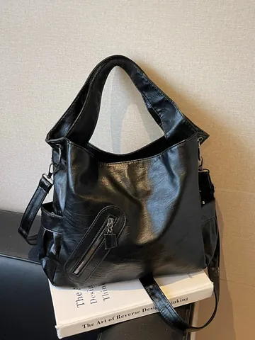 Bolso Tote de Cuero PU de Gran Capacidad para Mujer Vintage Minimalista Urbano Bolso de Hombro Color Sólido Correa Ancha