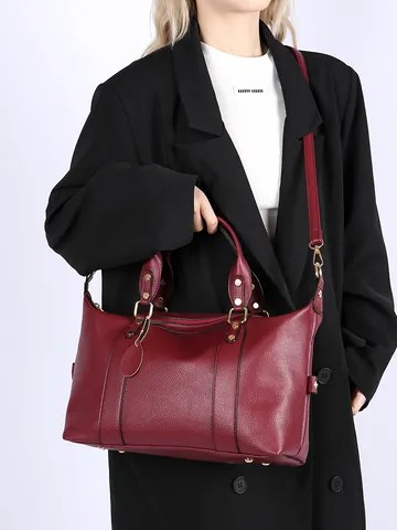 Damen Große Kapazität PU Leder Tragetasche Mode Litschi Muster Boston Schulter Umhängetasche Handtasche Mit Abnehmbarem Gurt Goldene Hardware
