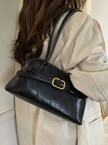 Bolso de Axila Vintage para Mujer Cuero PU Gamuza Bloque de Color Bolso de Hombro Gran Capacidad Minimalista Bolso de Mano Viaje Diario Con Hebilla de Metal