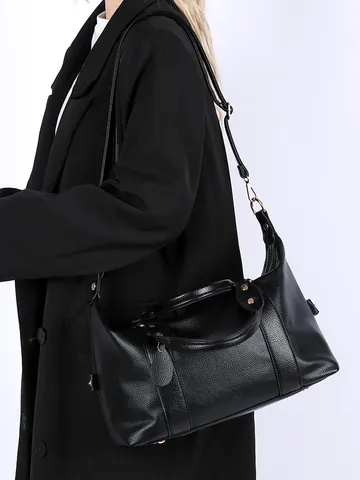 Damen Große Kapazität PU Leder Tragetasche Mode Litschi Muster Boston Schulter Umhängetasche Handtasche Mit Abnehmbarem Gurt Goldene Hardware
