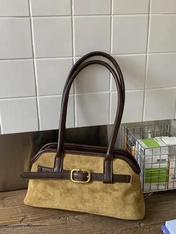 Bolso de Axila Vintage para Mujer Cuero PU Gamuza Bloque de Color Bolso de Hombro Gran Capacidad Minimalista Bolso de Mano Viaje Diario Con Hebilla de Metal