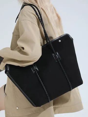 Bolso Tote Vintage De Gamuza Para Mujer Gran Capacidad Color Sólido Rombos Bolso De Hombro Con Correas Trenzadas Urbano