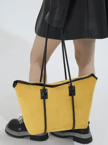 Bolso Tote Vintage De Gamuza Para Mujer Gran Capacidad Color Sólido Rombos Bolso De Hombro Con Correas Trenzadas Urbano