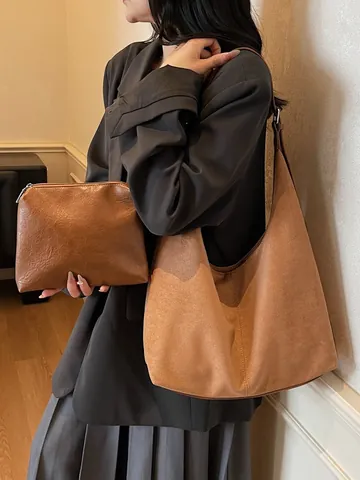 Vintage Suede Texture Large Capacity Hobo Bag For Women Urban Minimalist PU Leather Shoulder Bag Solid Color Tote Bag Strap