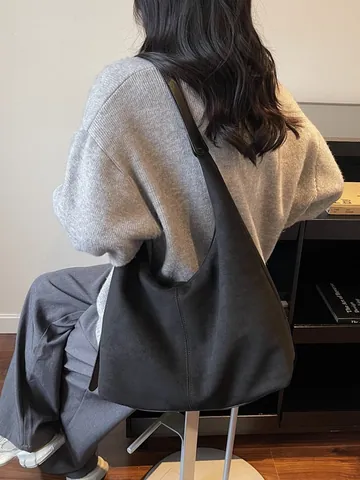 Vintage Suede Texture Large Capacity Hobo Bag For Women Urban Minimalist PU Leather Shoulder Bag Solid Color Tote Bag Strap