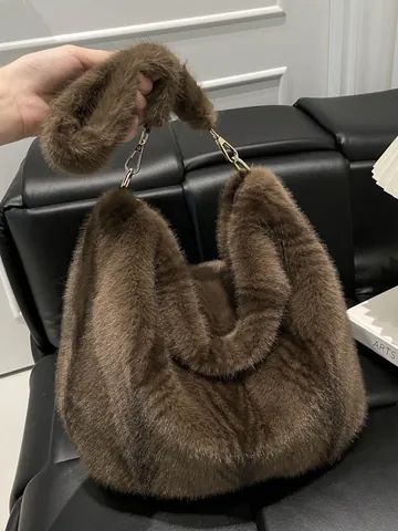 Borsa Tote da Donna in Ecopelliccia Peluche Grande Capacità Moda Autunno Inverno Pendolare Urbana Borsa a Tracolla Morbida