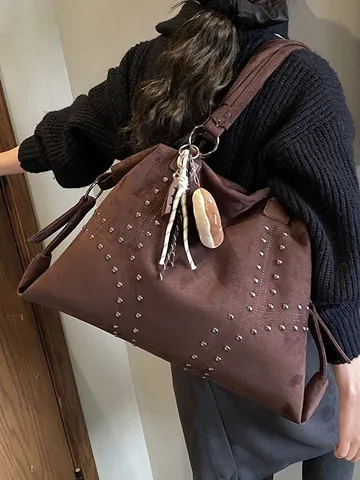 Vintage Τεχνητό Καστόρι Tote Τσάντα Για Γυναίκες Μεγάλη Χωρητικότητα Τσάντα Ώμου Με Μπρελόκ Donut Retro Handbag