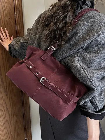 Vintage Matte PU Leder Tote Bag Für Damen Retro Umhängetasche Mit Dekorativem Gürtelschnalle Ösen Pendler Arbeit Handtasche