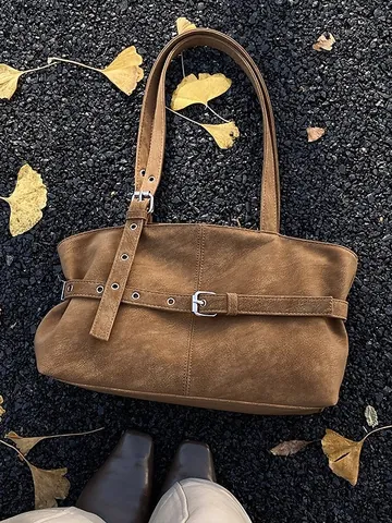 Vintage Matte PU Leder Tote Bag Für Damen Retro Umhängetasche Mit Dekorativem Gürtelschnalle Ösen Pendler Arbeit Handtasche