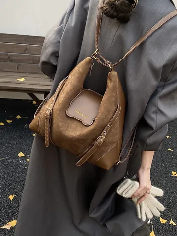 Vintage Wildlederimitat Spleiß PU-Leder Rucksack Damen Große Kapazität Tote Schultertasche Mit Kontrastnähten