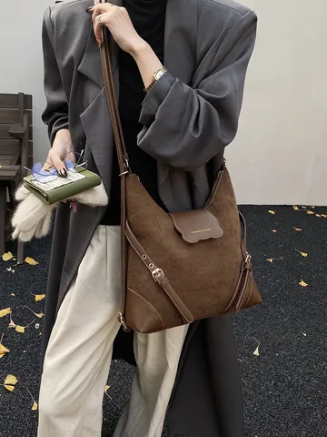Vintage Wildlederimitat Spleiß PU-Leder Rucksack Damen Große Kapazität Tote Schultertasche Mit Kontrastnähten