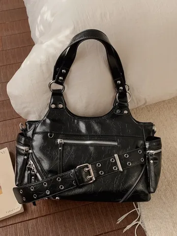 Retro Women PU Oil Wax Leather Shoulder Bag Multi Zipper Pockets Metal Grommet Belt Punk Y2K Style Crossbody Tote Bag