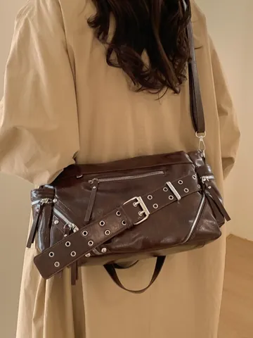 Retro Women PU Oil Wax Leather Shoulder Bag Multi Zipper Pockets Metal Grommet Belt Punk Y2K Style Crossbody Tote Bag
