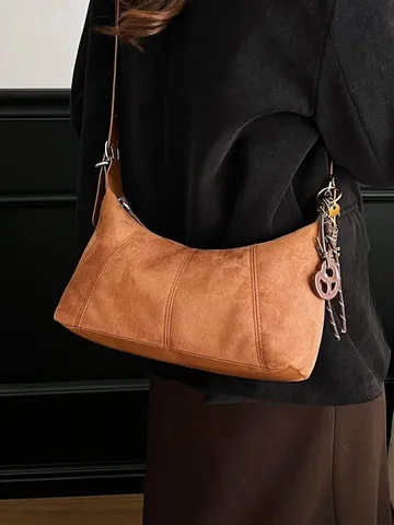 Vintage Suede Underarm Hobo Bag For Women With Retro Pendant Charms Solid Color Casual Shoulder Bag For Daily Commute