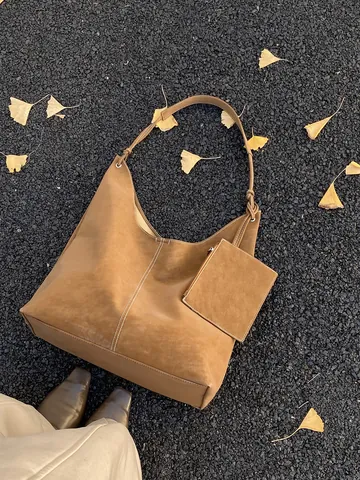 Grand Sac Fourre-tout en Cuir PU pour Femme Sac à Épaule Hobo Vintage Avec Pochette Intérieure Surpiqûres Contrastées