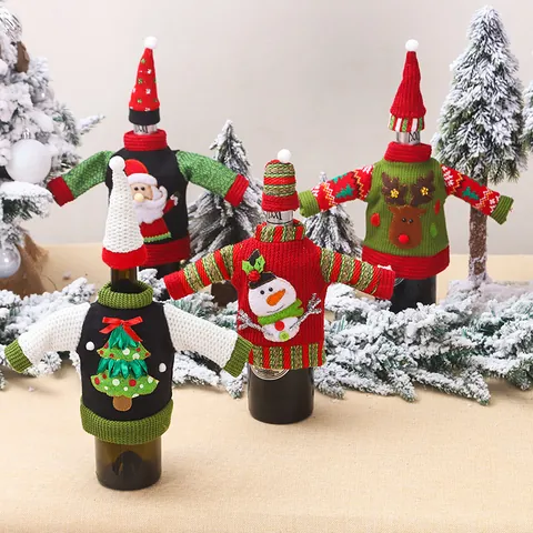 Christmas Wine Bottle Cover Sweater And Hat Knitted Reindeer Santa Snowman Tree Pattern Festive Table Decoration Gift