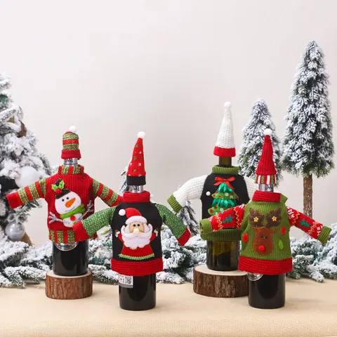 Christmas Wine Bottle Cover Sweater And Hat Knitted Reindeer Santa Snowman Tree Pattern Festive Table Decoration Gift