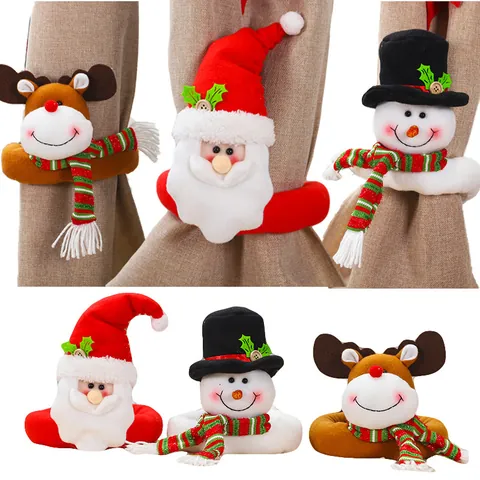 Christmas Cartoon Plush Curtain Tieback Santa Claus Snowman Reindeer Holiday Window Decoration For Home Hotel Restaurant