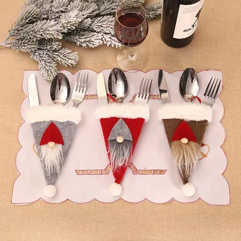 Christmas Cutlery Holder Fabric Gnome Fork Knife Spoon Bag For Christmas Dinner Table Decoration Party Festive Dining Decor