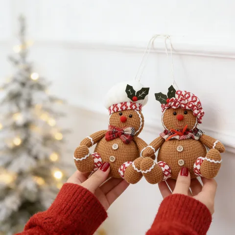 Christmas Gingerbread Man Plush Hanging Ornament For Christmas Tree Home Decor Party Favors Chef Hat Plaid Pattern Doll Decoration