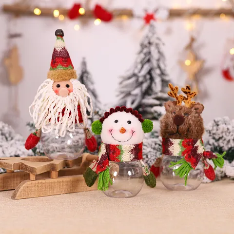 Pots à Bonbons de Noël Avec Têtes en Peluche Père Noël Bonhomme de Neige Renne Bouteilles de Rangement en Plastique Clair