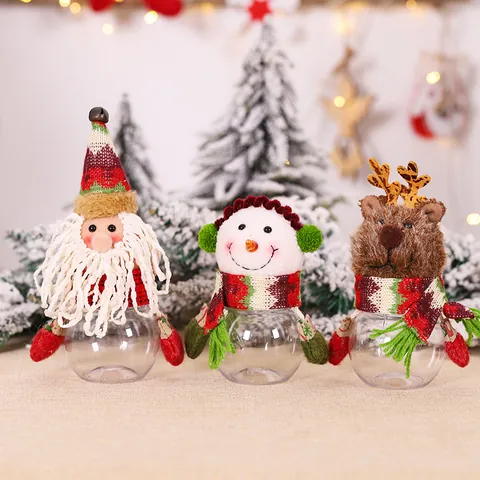 Pots à Bonbons de Noël Avec Têtes en Peluche Père Noël Bonhomme de Neige Renne Bouteilles de Rangement en Plastique Clair