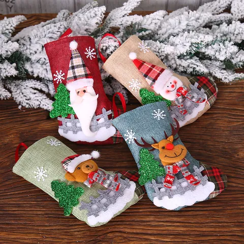 Christmas Stockings Linen Burlap Felt 3D Santa Snowman Reindeer Bear Doll Hanging Holiday Home Decor Gift Bags