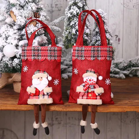 3D Plush Figure Christmas Burlap Gift Bags Santa Snowman Reindeer Bear Plaid Trim Candy Bag Xmas Party Treat Handbags