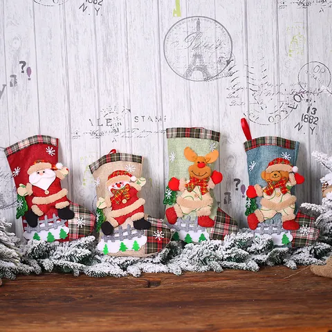 Kerstsokken Jute Geruit 3D Cartoon Kerstman Sneeuwpop Rendier Beer Kerst Cadeauzakje Hangende Decoratie Feest Ornament
