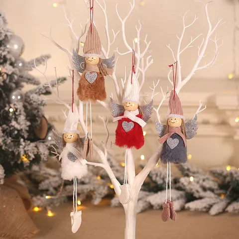 Christmas Angel Plush Doll Hanging Ornaments With Sequin Heart Wings Wood Head For Tree Window Home Decor Gift