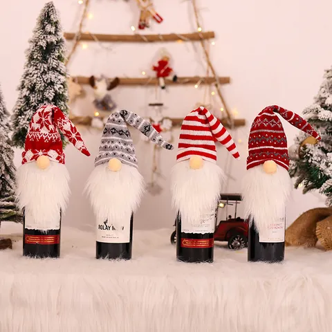Christmas Gnome Wine Bottle Cover Knitted Nordic Faceless Doll For Dining Table Xmas Party Decoration Bottle Topper Gift